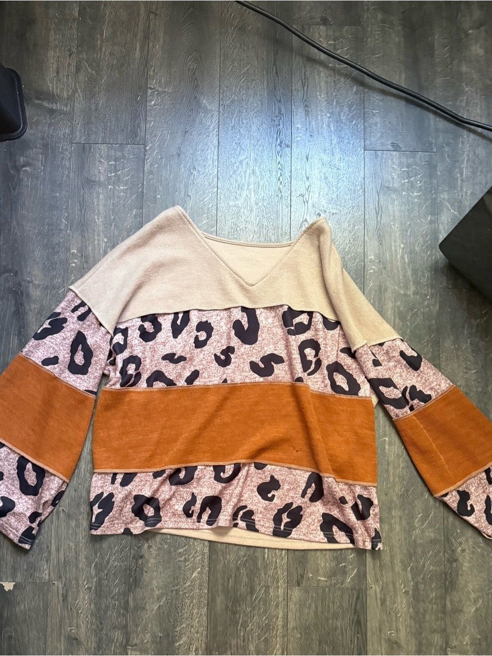 Beige & Rust Leopard Block V-Neck Sweater